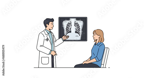 Doctor Explaining Chest X-Ray to Patient in Clinic, Demonstrating Healthcare Expertise and Medical Consultation, suitable for medical illustration, healthcare education, and patient communication