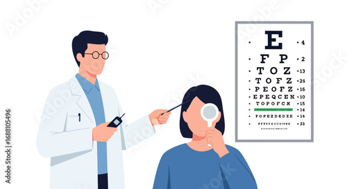 Eye Exam Illustration Featuring an Optometrist Testing a Patient's Vision for Healthcare, Educational Materials, and Medical Publications