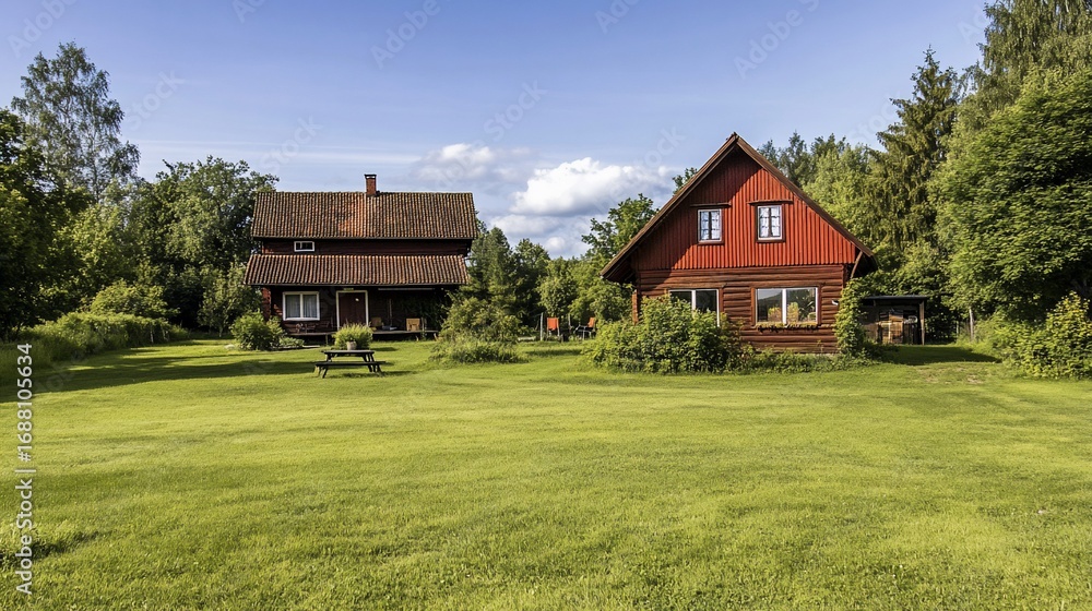 Picturesque red wooden houses nestled in a lush green landscape with serene sky Picturesque red wooden houses nestled in a lush green landscape with serene sky