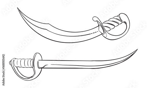 Two boarding sabers with a cleaver blade. Cold weapons. Vector sketch of a pirate saber. Corsair's broadsword with a curved blade. Linear drawing on a white background.