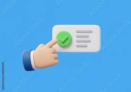 Hand Pointing at Green Check Mark Button Confirming Information on a White Card in Cartoon Style with Blue Background