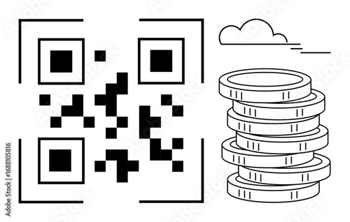QR code and coin stack evoke digital transactions, payments, or e-commerce solutions. Ideal for finance, payments, e-wallets, fintech, cashless economy, cryptocurrency simple flat metaphor