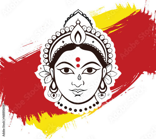 Indian Goddess Face with Red Yellow Brush Strokes Hindu deity