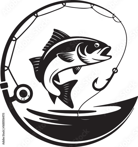 Illustrative fishing scene with aquatic elements and gear