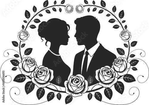 Romantic couple silhouette with floral frame, wedding design, elegant roses decoration, love illustration, cad drawing flat vector illustration