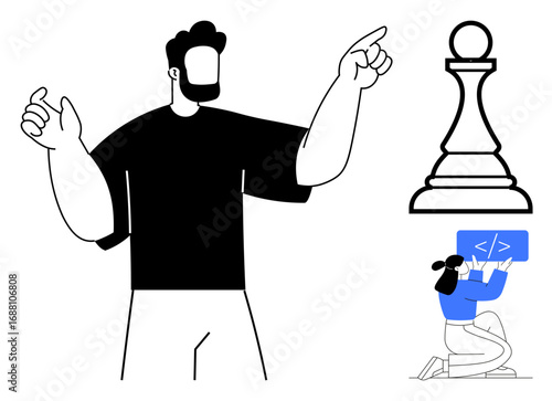 Man gesturing confidently, chess pawn symbolizing strategy, woman coding on a laptop. Ideal for teamwork, leadership, innovation, strategy, programming, education simple landing page