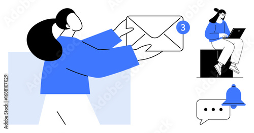 Wallpaper Mural Woman holding an envelop with notification badge. Woman using laptop, message bubble, and bell icon. Ideal for teamwork, productivity, technology, digital tools, remote work messaging simple flat Torontodigital.ca