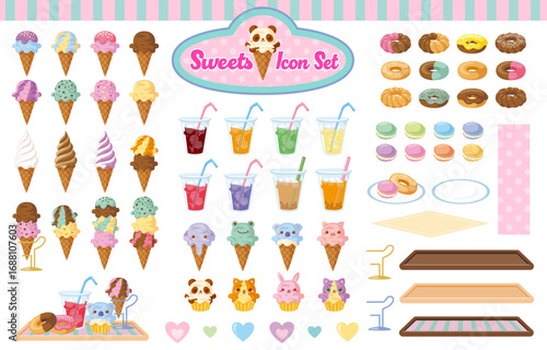 スイーツアイコンセット｜アイスクリーム・ドーナツ・マカロン・ドリンク・アニマルスイーツ(Sweets Icon Set | Ice Cream, Donuts, Macarons, Drinks and Animal-Themed Desserts)