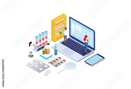 Online diagnosis concept banner with characters. Can use for web banner, infographics, hero images. Suitable for Diagrams, Infographics, Game Asset, And Other Graphic Related Assets