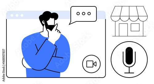 Man participating in a video call with a speech bubble above representing communication or ideas, a storefront symbolizing business, and a microphone for audio or podcast content. Ideal for remote