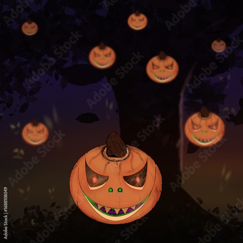 Halloween evil pumpkin heads and ghostly faces floating in the fall sky.