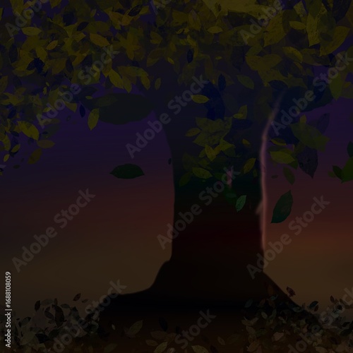 Dark Erie Halloween  tree with falling leaves in the fall change.