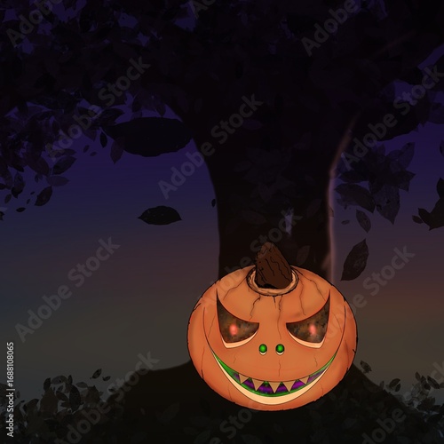 Evil pumpkin head with evening autumn sky and tree silhouette 
