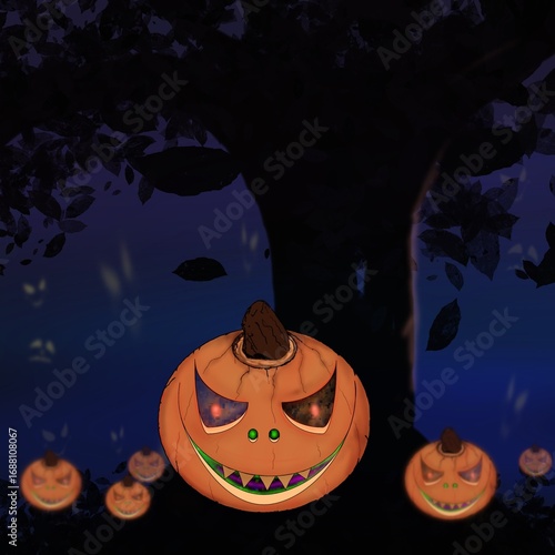 Evil pumpkin head patch, tree silhouette, and ghostly eyes. Dark evening sky.