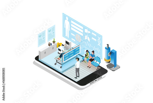 Hospital Clinic Maternity Room Mother Bed Baby delivery Childbirth. 3D Flat Isometric Family People Medical Trial Hospital Research. New Born Clinic Hospital Maternity Infographic Vector Illustration