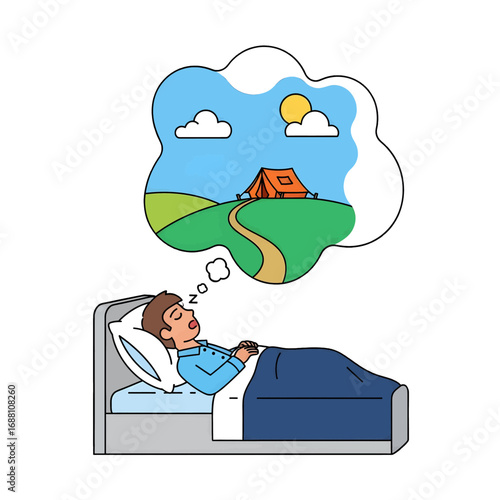 Man Sleeping Soundly Dreaming of Outdoors Camping Under Blue Sky with Tent and White Clouds in White Background Dreamy Illustration