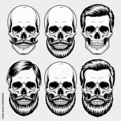 A captivating collection of skull illustrations showcasing stylish facial hair and expressions, combining artistic representation with subcultural elements of masculinity.