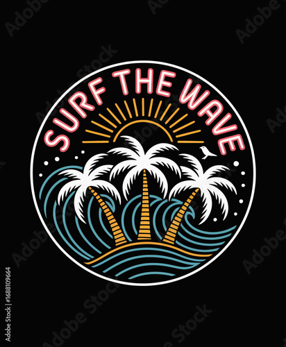 This vivid surf-themed image showcases palm trees and ocean waves, perfect for evoking a sense of adventure and relaxation, encapsulating tropical vibes in a striking design.