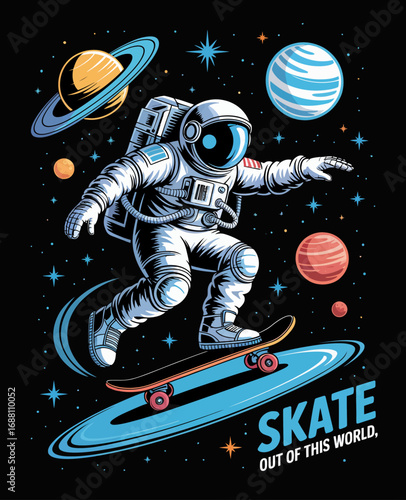 This imaginative image captures an astronaut skating through space, featuring vibrant planets and a striking cosmic background, representing adventure and the fusion of sports and science.