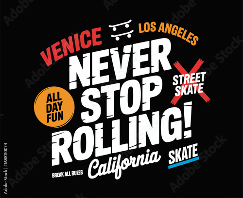 This vibrant graphic highlights skate culture in Venice, California, emphasizing fun, freedom, and the spirit of street skating, with bold typography and energetic colors.