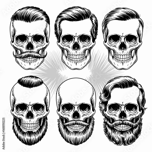 This artwork showcases six detailed skull illustrations featuring various hairstyles and beard styles, perfect for graphic design or tattoo inspiration.