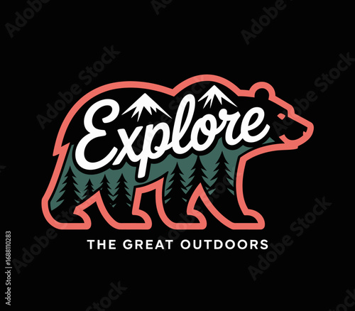 A captivating bear silhouette showcases the word 'Explore', symbolizing the spirit of adventure in nature, enhancing outdoor appreciation with artful typography and landscape elements.