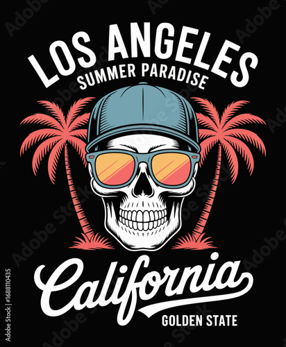 An eye-catching design featuring a stylized skull adorned with sunglasses, capturing the essence of California's vibrant summer culture amidst iconic palm trees.