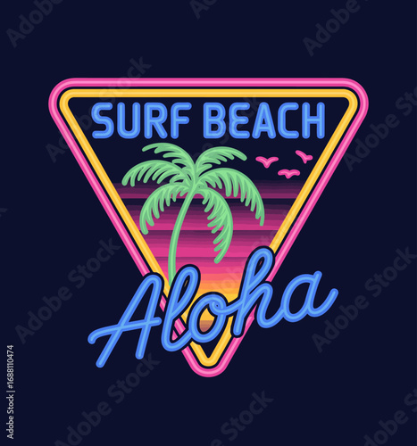 A colorful neon design featuring 'Surf Beach Aloha', capturing the lively and festive spirit of beach life and Hawaiian culture, perfect for surf enthusiasts.
