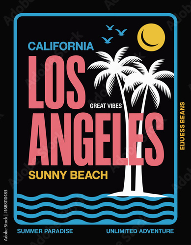 This vintage-inspired travel artwork features the iconic Los Angeles skyline with palm trees, capturing the spirit of summer and the allure of California beach life.