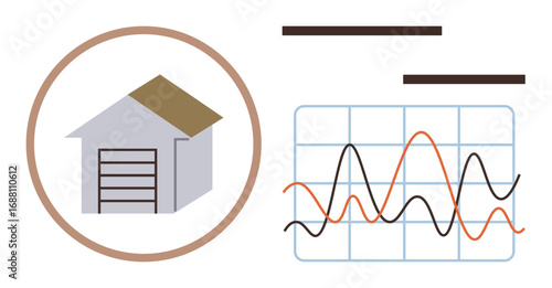 House structure inside circle beside fluctuating graph with grid lines. Ideal for logistics, planning, warehouse management, economy, business analysis, forecasting, supply chain. Simple flat