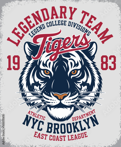 An engaging design of a fierce tiger suited for college athletics, portraying an inspiring spirit while emphasizing teamwork and competitive edge in an athletic context.