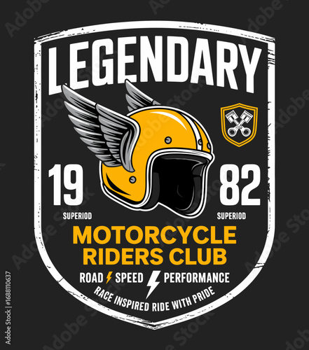 A striking motorcycle riders club emblem featuring a yellow helmet with wings, emphasizing speed and performance with a modern twist, perfect for biking enthusiasts and apparel.