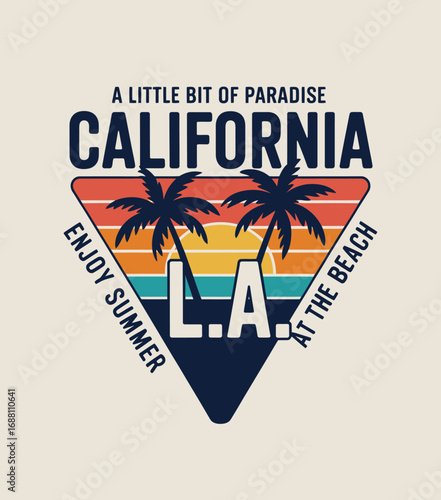 An eye-catching California image promoting L.A. beach life, featuring palm trees, a setting sun, and vibrant colors, representing a carefree summer vibe and paradise escape.