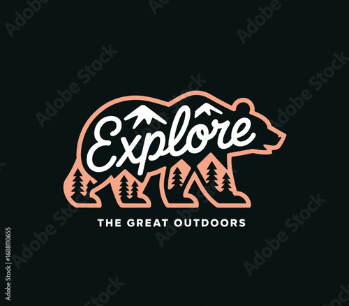 Enchanting bear silhouette paired with 'Explore' text illustrates the allure of the Great Outdoors, marrying creativity with nature elements to inspire adventure and exploration.