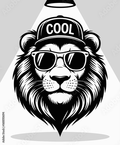 This stylish illustration features a lion wearing sunglasses and a trendy hat with the word 'COOL', symbolizing confidence and a chill attitude in a fun, artistic style.