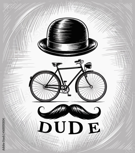 A stylish vintage bicycle adorned with a classic top hat and mustache, representing a cool dude aesthetic in a black-and-white artistic illustration setup.
