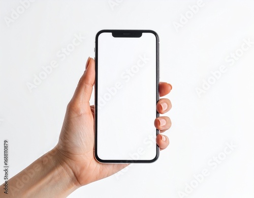 Hand Holding Smartphone with Blank Screen on White Background