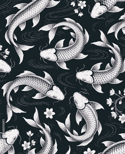 An enchanting pattern of charming koi fish swimming surrounded by cherry flowers, representing a fusion of nature’s beauty and artistic expression in serene harmony.