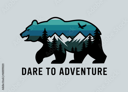 This artistic rendition of a bear integrates blue tones and mountain landscapes, symbolizing adventure, freedom, and a love for the great outdoors while inspiring exploration.