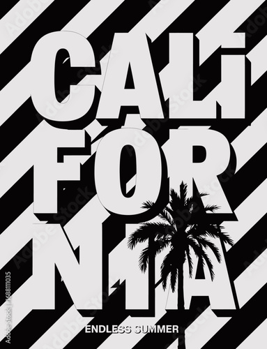 This trendy image showcases the word 'California' styled with bold stripes and a palm tree, radiating an artistic vibrancy that captures the essence of endless summer.