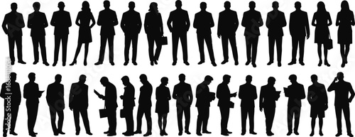 Business professional silhouettes, corporate team, formal attire, office workers, teamwork, communication, briefcase, documents, diverse colleagues, flat vector illustration, workplace diversity, 