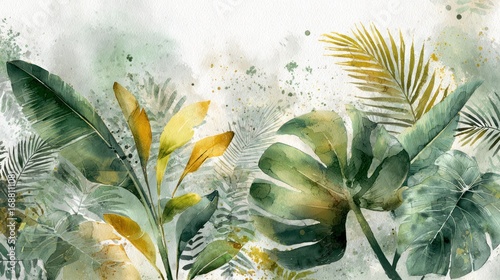 Watercolor painting showing a tropical foliage composition in greens and golds on white