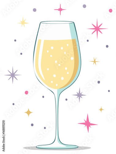 Celebratory champagne glass filled with bubbly golden liquid and surrounded by colorful sparkling stars
