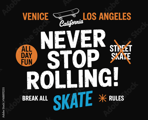 This vibrant image promotes the skateboarding culture in Venice, California, conveying a sense of excitement and freedom associated with skating and urban lifestyles.