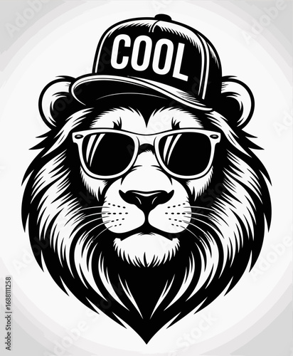 This captivating lion illustration showcases a fierce yet fashionable character sporting sunglasses and a hat labeled 'COOL', evoking a sense of trendy, confident individuality.