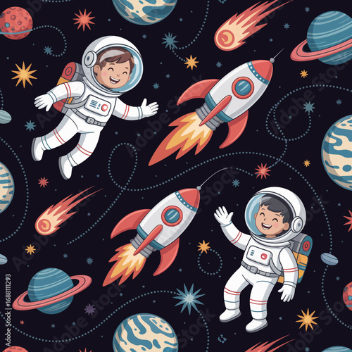 Two joyful children in astronaut outfits are happily floating and exploring space with rockets, capturing the joy and curiosity of childhood in a vibrant cosmic setting.