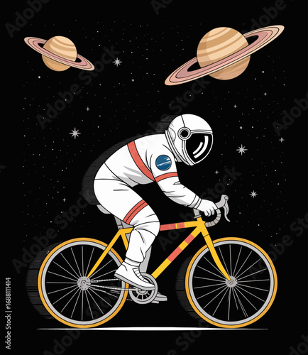 An astronaut on a bicycle pedals through a cosmic scene filled with stars and Saturn, blending the adventure of space travel with the simplicity of biking on Earth.