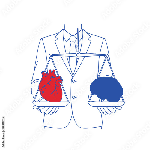 Stylized Suit with Balancing Heart and Brain Illustration on White Background