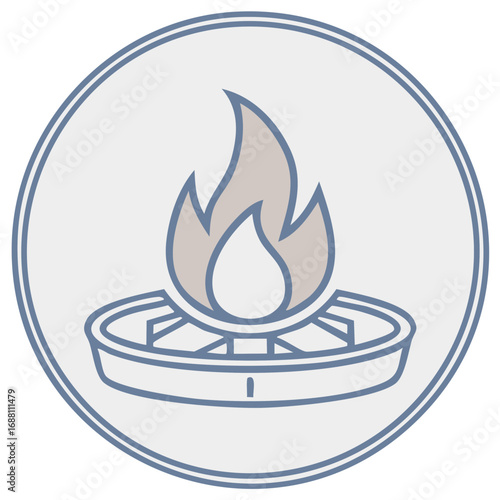 Illustration of a stylized flame burning on a gas burner inside a circle frame