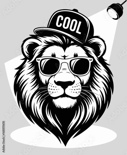 This artistic portrayal of a lion wearing shades and a 'COOL' cap personifies strength and individuality, representing a contemporary vibe that is both playful and bold.